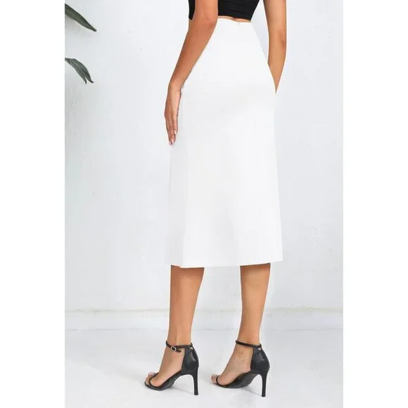 Women's White Stretch Office Fishtail Pencil High Waist Bodycon Slit Midi Skirt - Picture 5 of 6